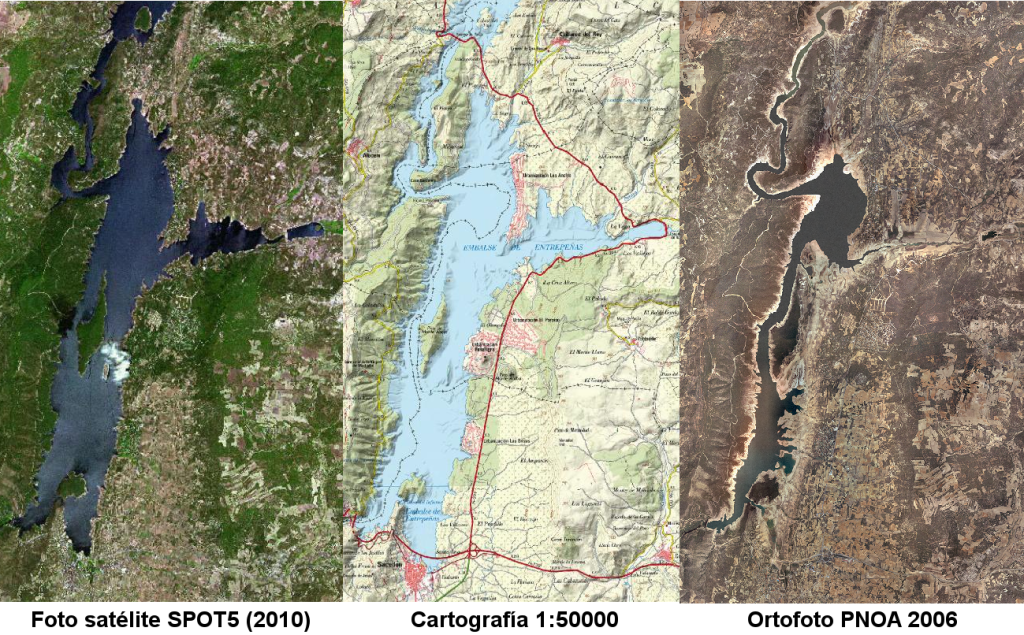 Parte central del embalse de Entrepeñas. A la izquierda, foto del satélite SPOT5 (Plan nacional de teledetección de España ─PNT─; Instituto Geográfico Nacional; ©CNES 2010, SPOT Image S. A.), con el volumen de embalse en el entorno del 60%. En el centro, imagen de la cartografía 1:50000 del IGN, representando la máxima ocupación del embalse. A la derecha, ortofoto del PNOA de 2006, con el nivel del embalse en una situación similar a la de agosto de 2015, sobre el 16% de capacidad.