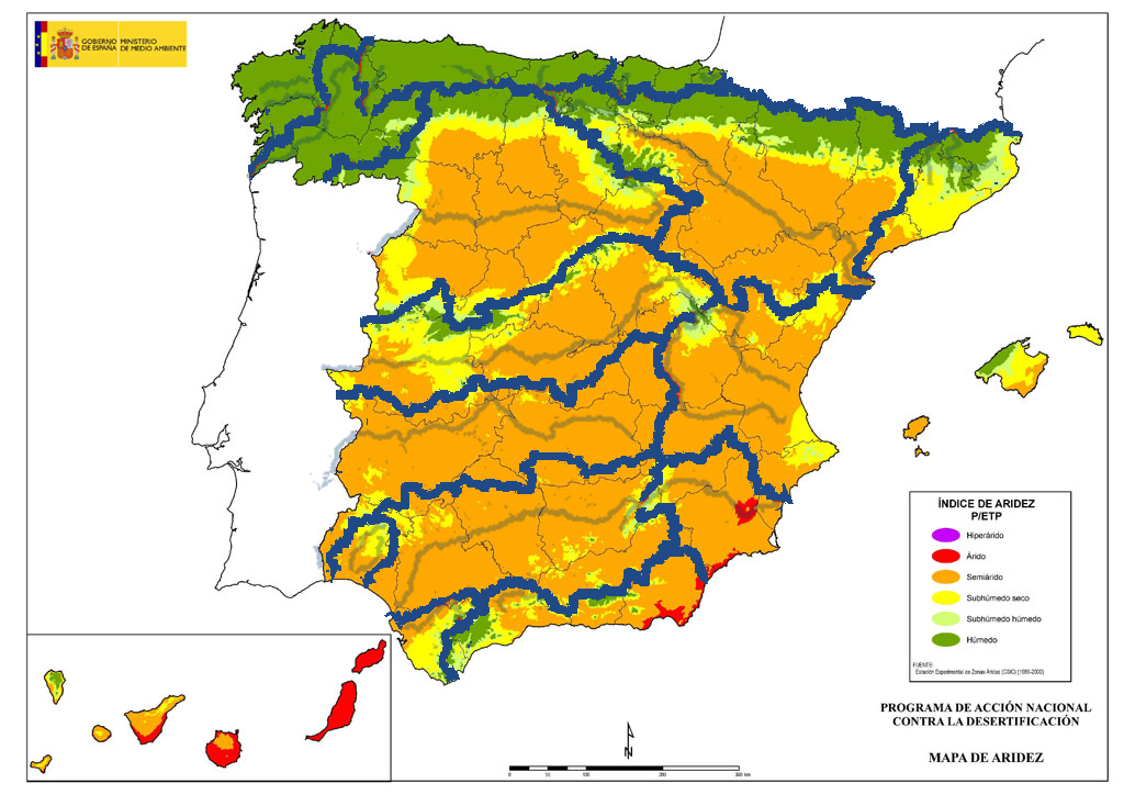 Mapa de ARidez (MAGRAMA) con superposición de los límites de las demaracaciones hidrográficas (geoportal del MAGRAMA)