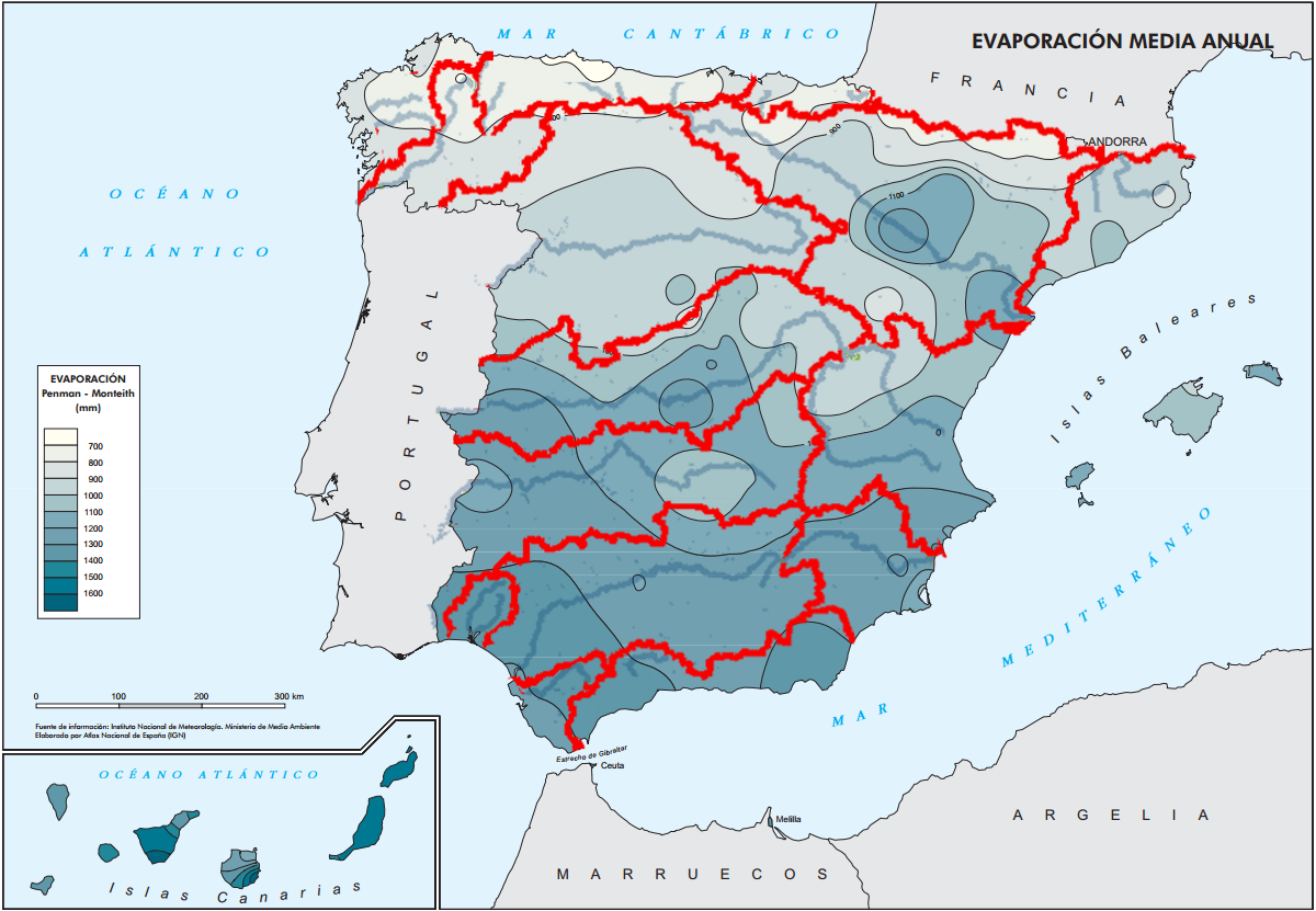 «Evaporación media anual» (IGN), con la superposición de las divisorias de demarcaciones obtenidas del portal cartográfico del MAGRAMA