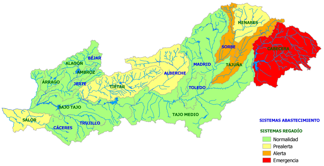 Mapa de indicadores de sequía en la cuenca del Tajo. Fuente: Confederación Hidrográfica del Tajo