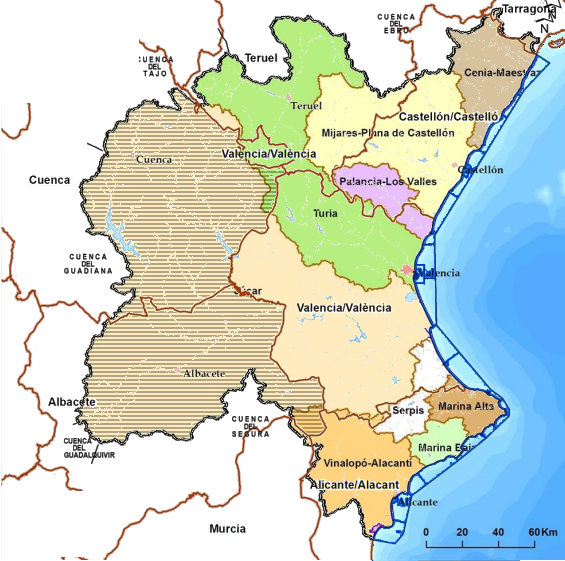 Límites provinciales superpuestos a los sistemas de explotación de la Demarcación Hidrográfica del Júcar. El territorio de Castilla-La Mancha se ha representado rallado horizontalmente. Elaborado a partir de gráficas de la Memoria del Plan hidrológico del Júcar (ciclo 2016-2021)