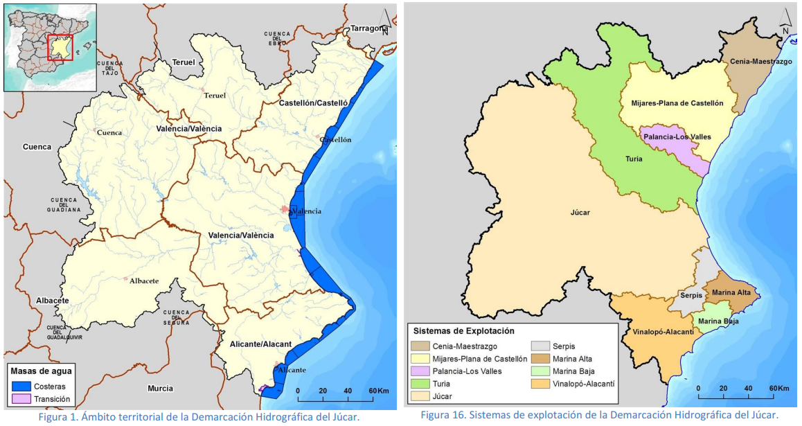 Límites provinicales y sistemas de explotación de la Demarcación Hidrográfica del Júcar. Fuenta: Plan hidrológico del Júcar (ciclo 2016-2021)