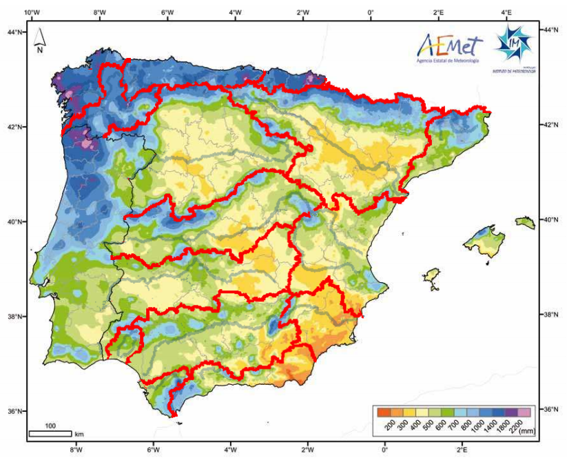 «Precipitación media para la Península Ibérica e Islas Baleares (1971-2000)» (página 67 del «Atlas climátológico Ibérico», AEMET 2012), con la superposición de las divisorias de demarcaciones obtenidas del portal cartográfico del MAGRAMA