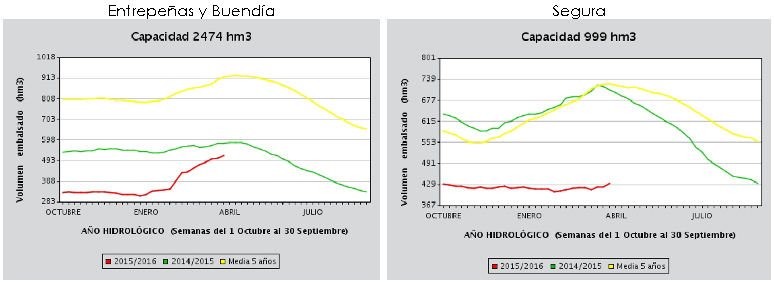 Evolución de las existencias embalsadas en Entrepeñas y Buendía y en la cuenca del Segura. Fuente: Boletín Hidrológico del Ministerio de Agricultura, Alimentación y Medio Ambiente (MAGRAMA)