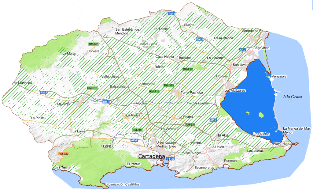 Zona Hidrográfica del Mar Menor definida en el Plan del Segura. Rayado en Verde se muestran las unidades de demanda agraria de la zona (Campo de Cartagena)