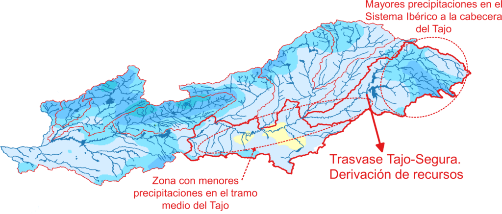 Precipitaciones de la cuenca del Tajo (1940/41-2005/06). Imagen de las precipitaciones tamada del IDE del MAGRAMA. Red hidrográfica y sistemas de explotación tomados de la web de la Confederación Hidrográfica del Tajo