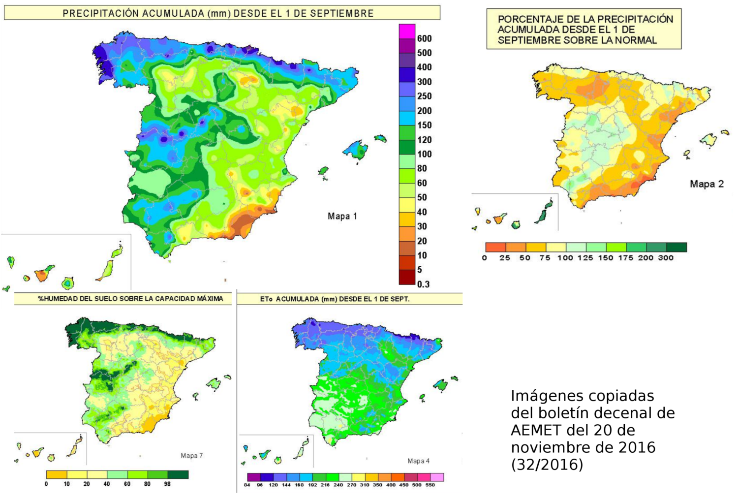 Gráficos de precipiación acumulada y ETo desde el 1 de septiembre de 2016, y % de la humedad del suelo sobre la capacidad máxima, copiados del Boletín decenal de Balance hídrico nacional del 20 de noviembre de AEMET (boletín 32/2016)