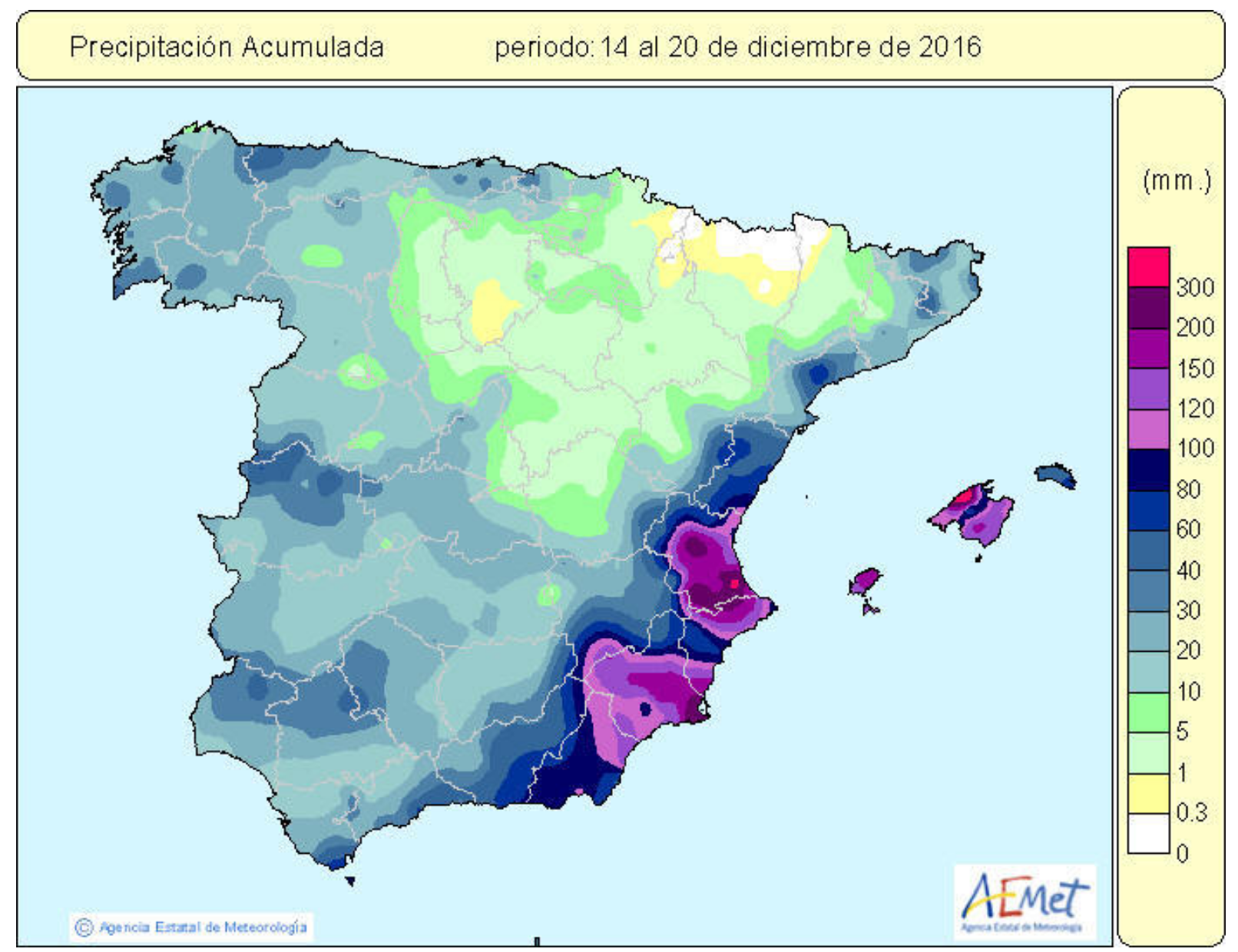 Gráfico de precipitaciones acumuladas en la península entre el 14 y el 20 de diciembre de 2016. Fuente: AEMET