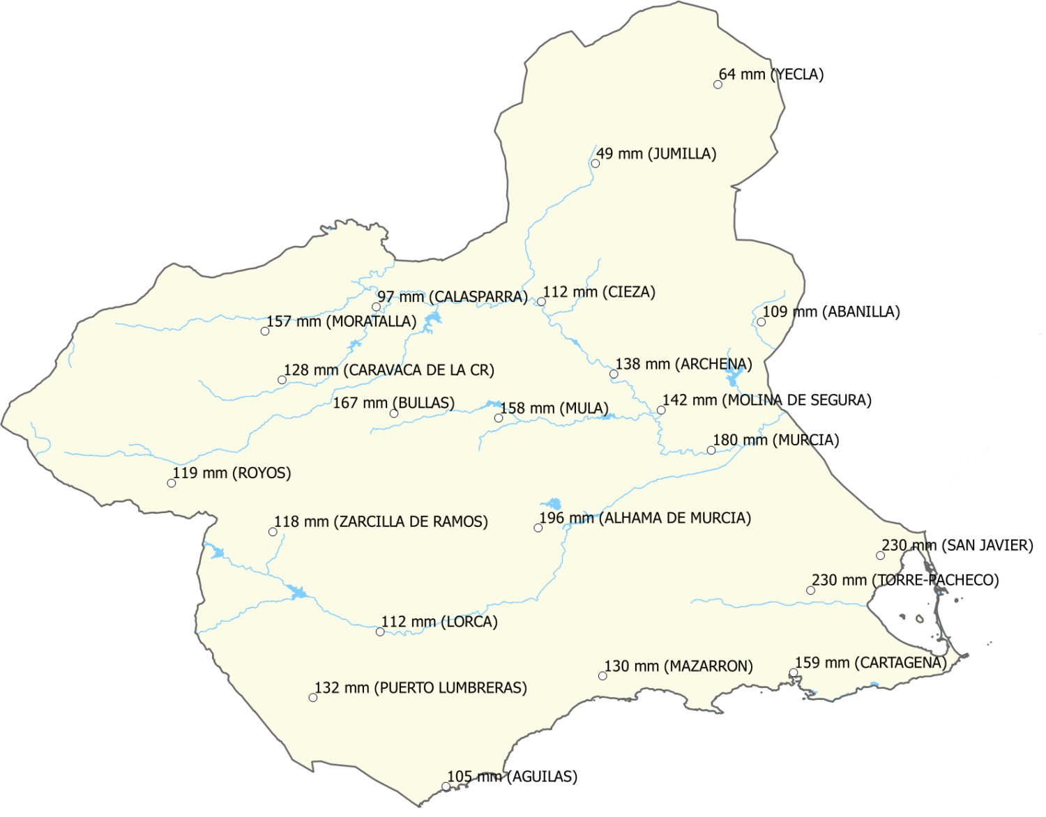Precipitaciones registradas en las estaciones de la Región de Murcia (elaborada a partir de información publicada en www.aemet.es)