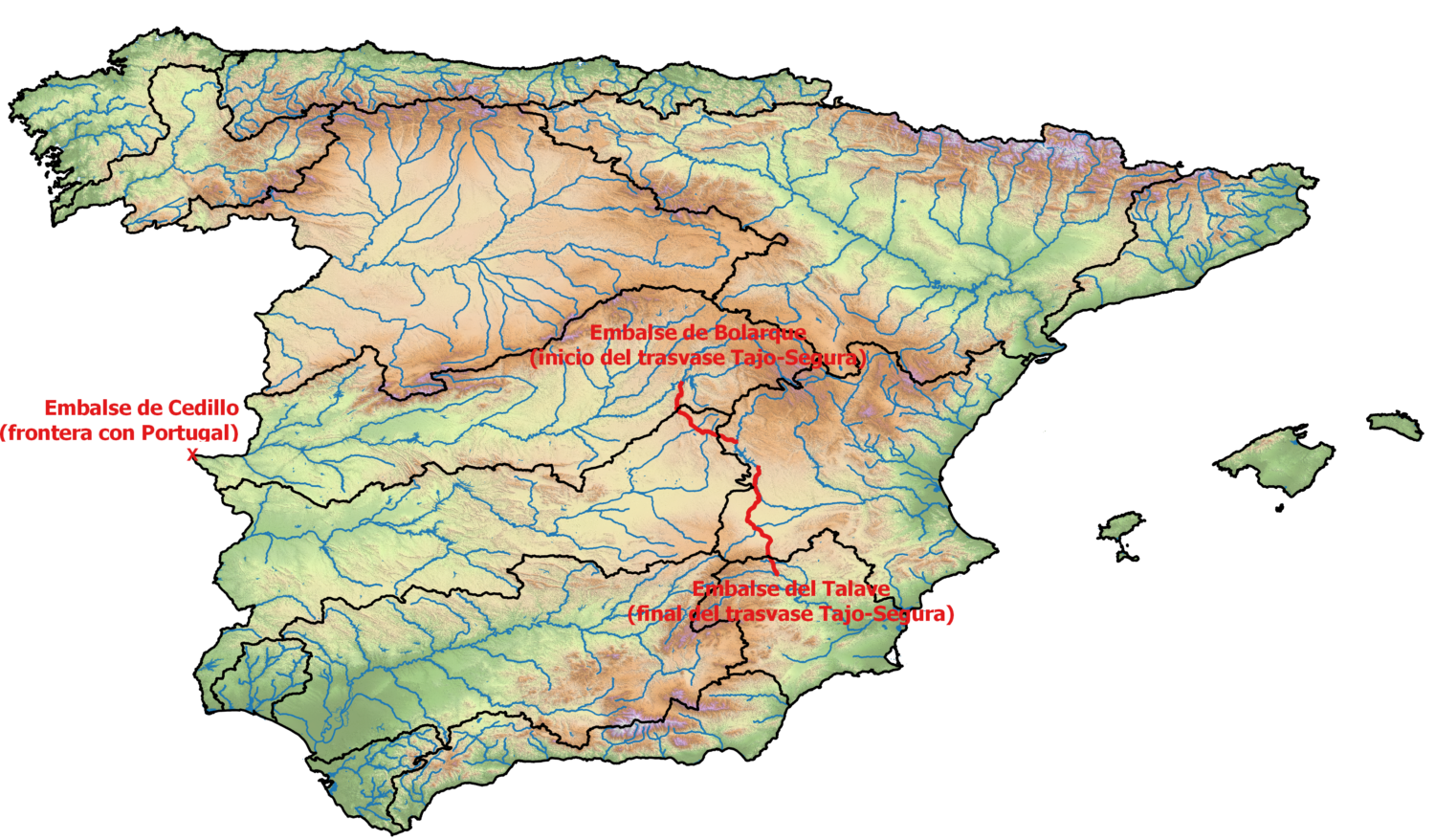 Red hidrográfica de la España peninsular, resaltando el trasvase Tajo-Segura y el embalse de Cedillo, final de la parte española del Tajo. Fuente: Acuademia.com