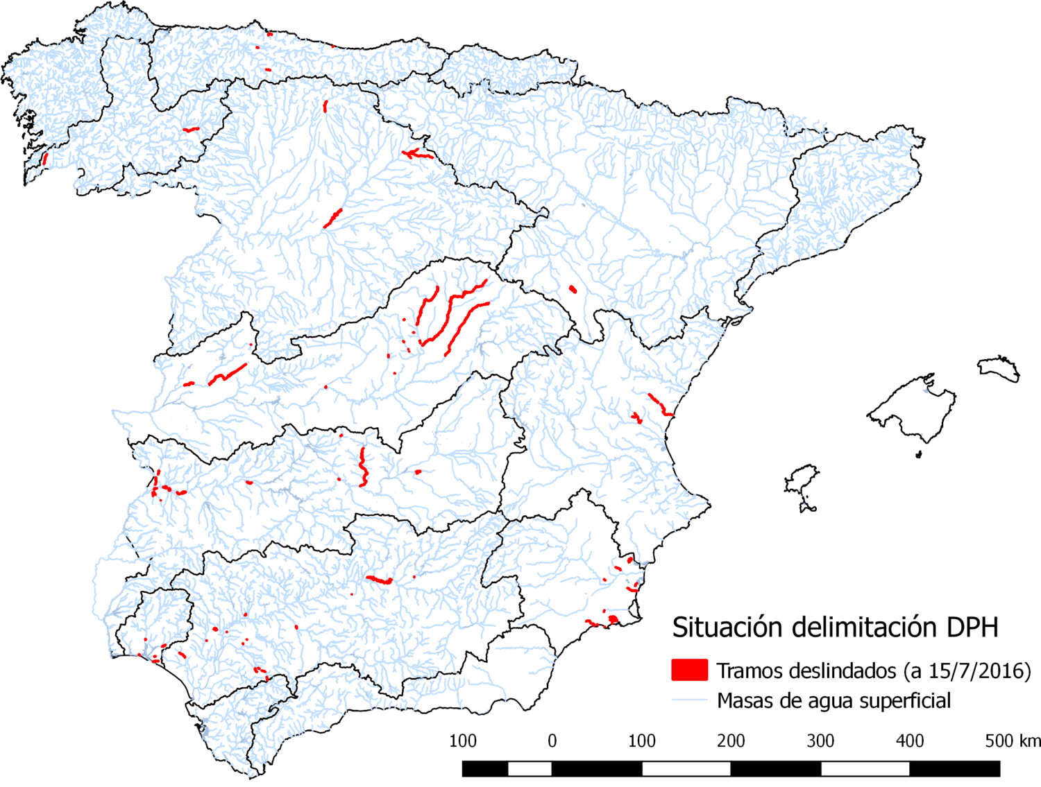 Tramos de río deslindados. Elaborado a partir de información de la página web del MAPAMA.