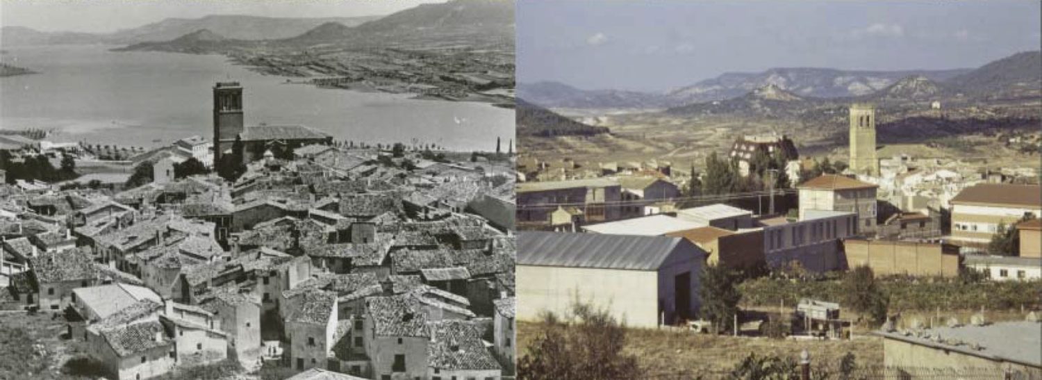 Fotografías de Sacedón con el embalse al fondo tomadas en 1963 y en la década de los 90 del siglo XX, copiadas del artículo «Fuentes documentales gráficas para el estudio de los pretéritos paisajes fluviales: los proyectos españoles de presas y embalses» (Revista «Agua y Territorio» núm. 5, de la Universidad de Jaén; 2015; Juan Antonio González Martín, Concepción Pintado Céspedes, Concepción Fidalgo Hijano)