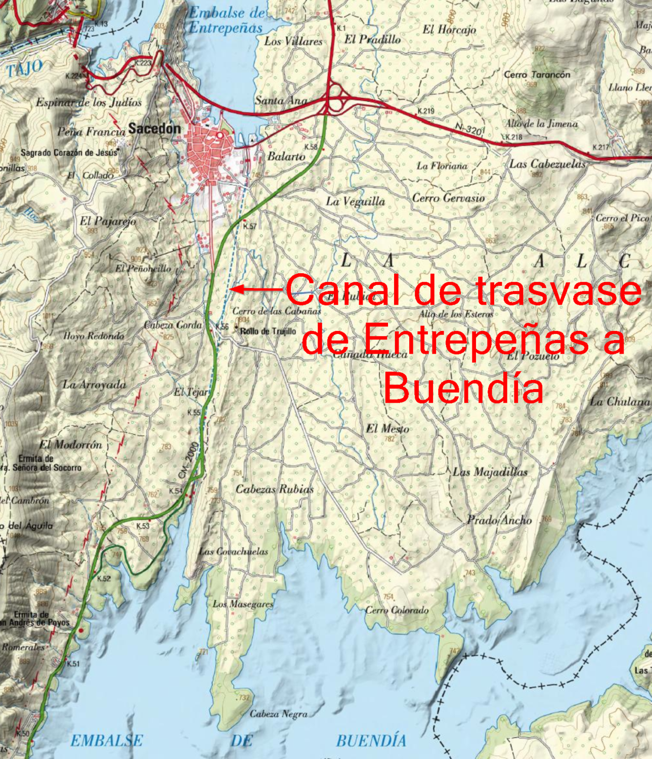 Situación del canal de trasvase de Entrepeñas a Buendía sobre el mapa 1/25000. Feunte: visor Iberpix del IGN