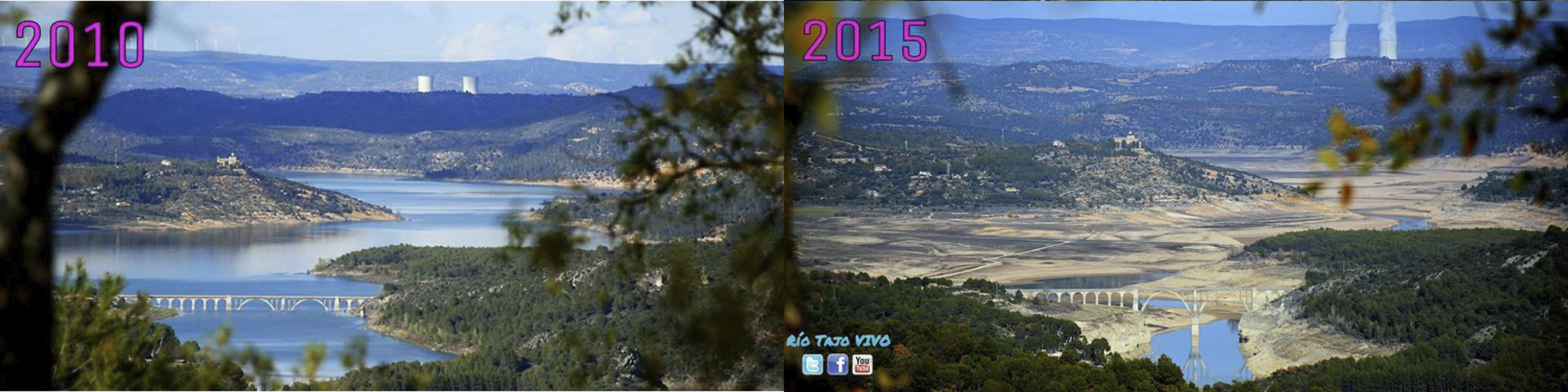 «Comparativa demoledora previa y posterior al memorándum del Tajo». Fuente: sitio de Facebook de «Río Tajo Vivo». El nivel de llenado de la fotografía de 2010 coincide con el medio del periodo 1958-1980, anterior a la entrada en funcionamiento del trasvase Tajo-Segura.