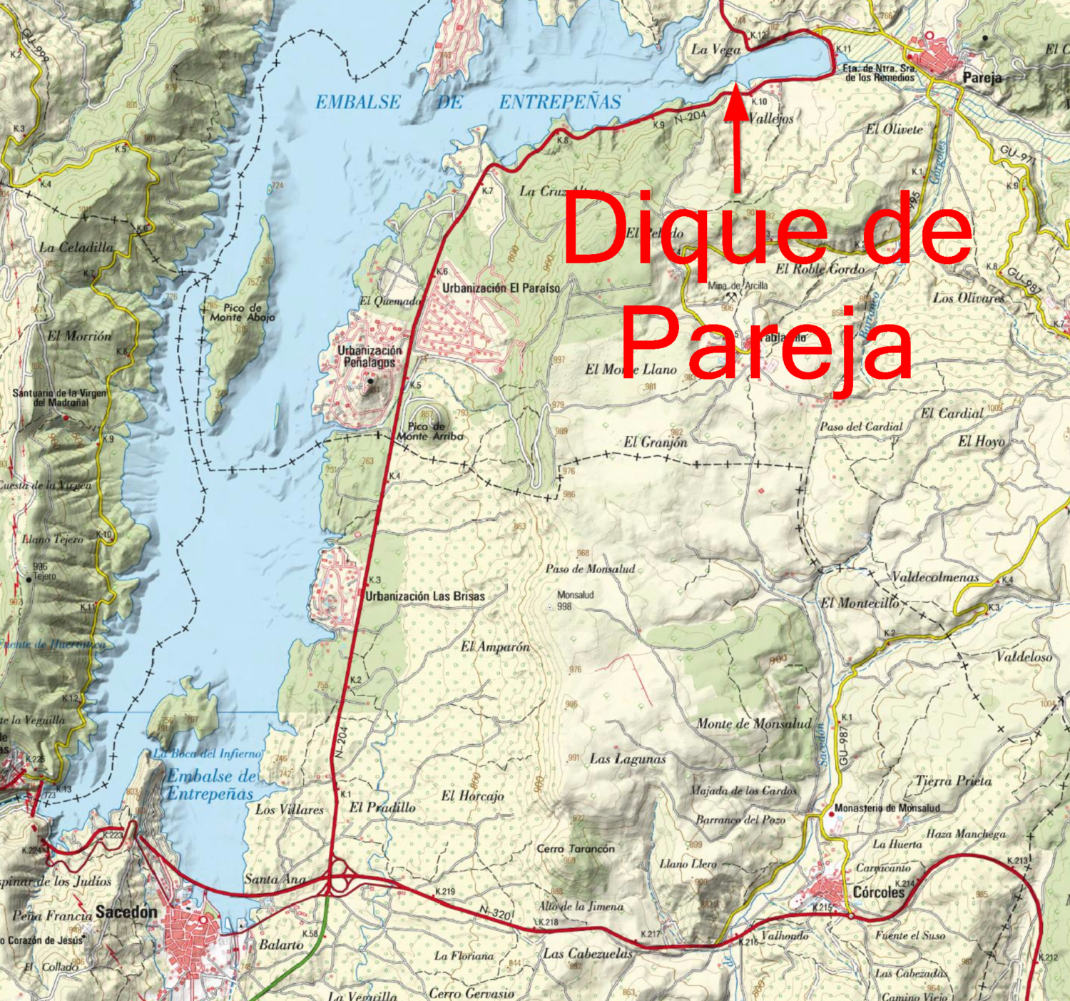Ubicación del dique de Pareja sobre el mapa 1/25000. Fuente: visor Iberpix del IGN