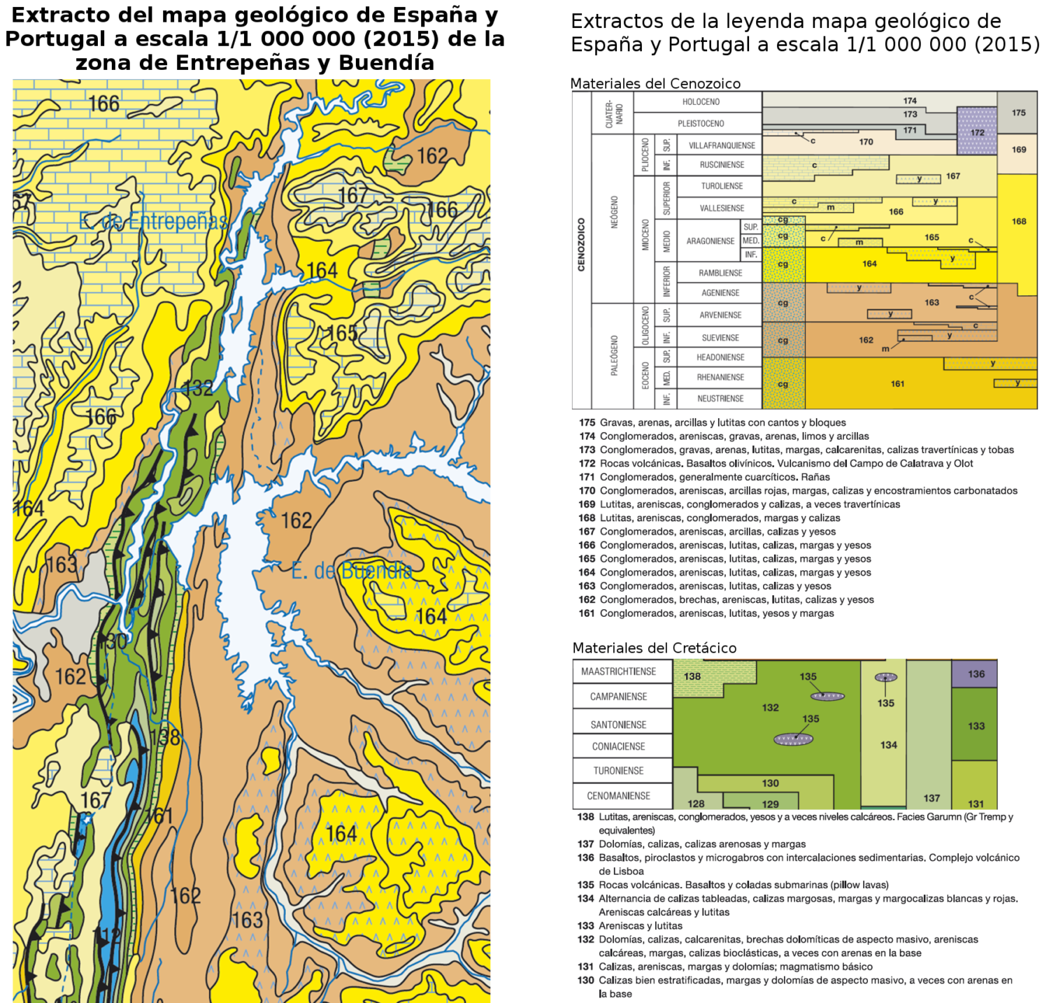 Extracto del mapa geológico de España y Portugal a escala 1/1 000 000 (IGME, 2015) de la zona de Entrepeñas y Buendía