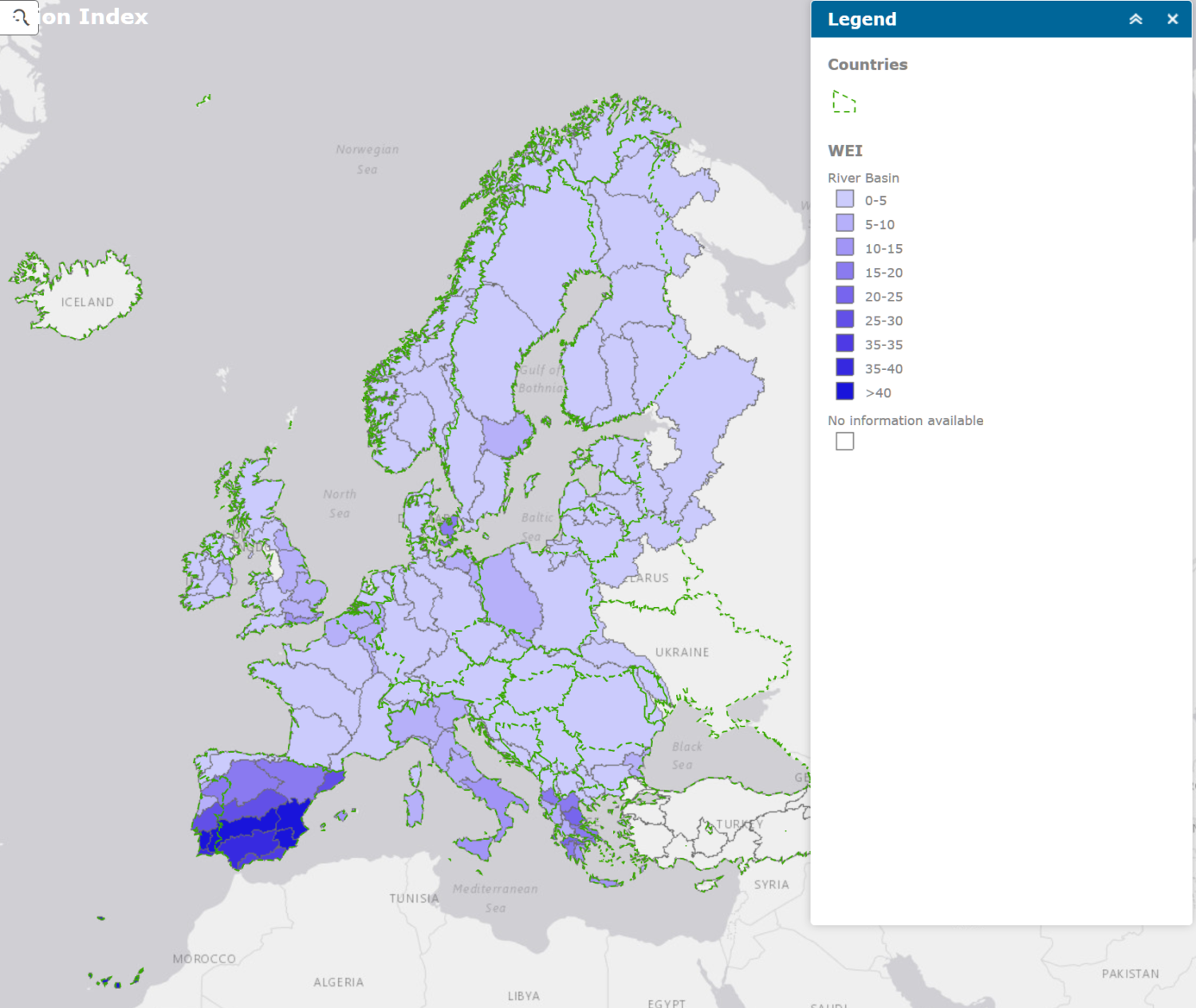 WEI+ en Europa para el verano de 2014 ( copiado de la página de la EEA «Use of freshwater resources»)