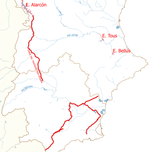 Ubicación de los embalses de Alarcón, Tous y Bellús con relación al trasvase Tajo-Segura y a las demarcaciones del Júcar y Segura.