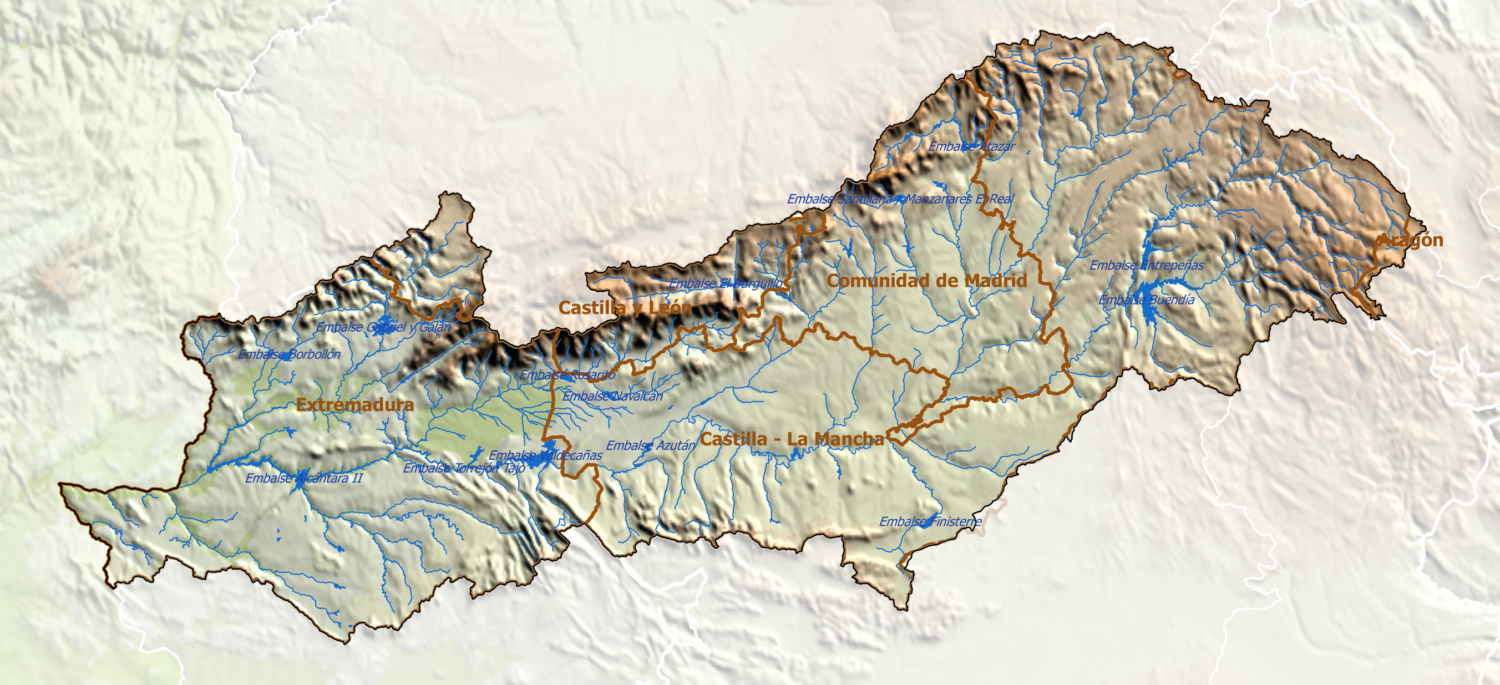 Cuenca del Tajo con la ubicación de los grandes embalses